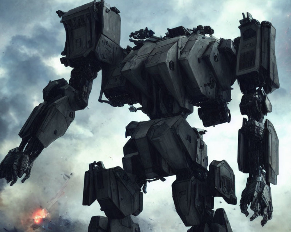 Gigantic armored robot with weapons under cloudy sky