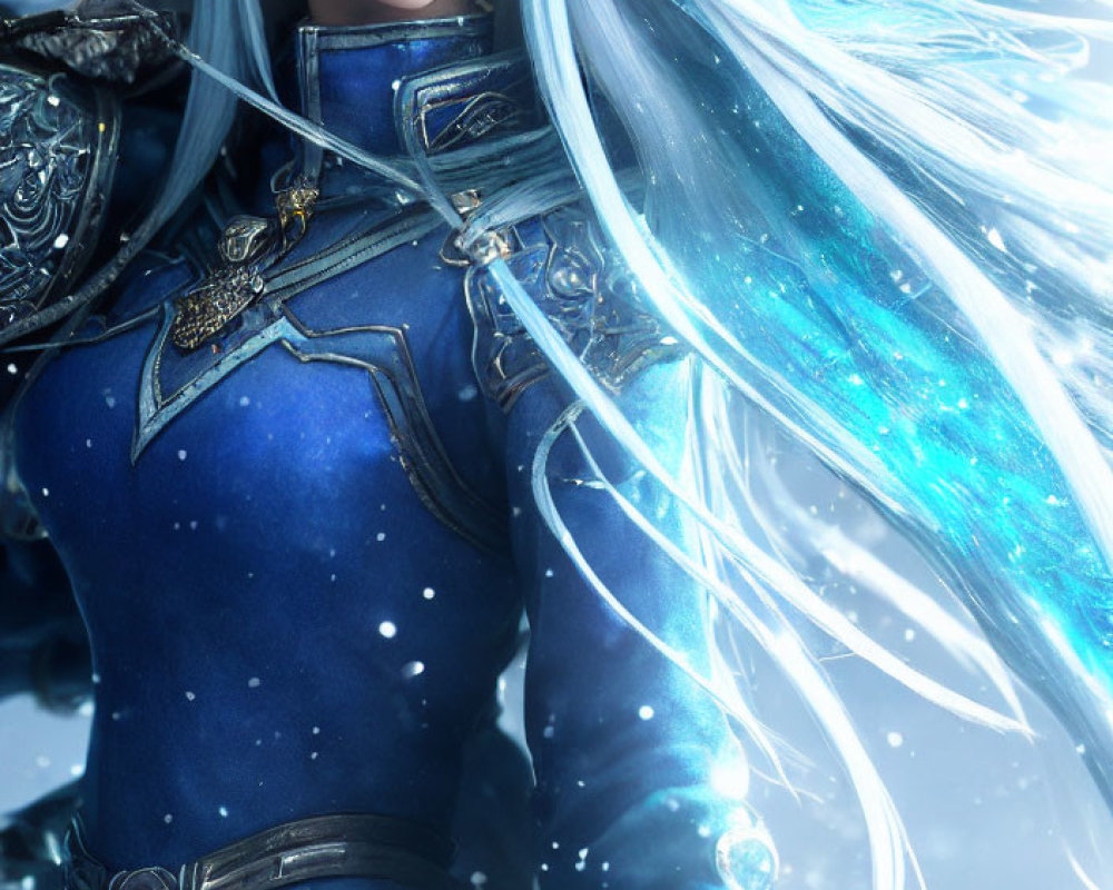 Silver-Haired Animated Character in Blue Armor with Winter Background