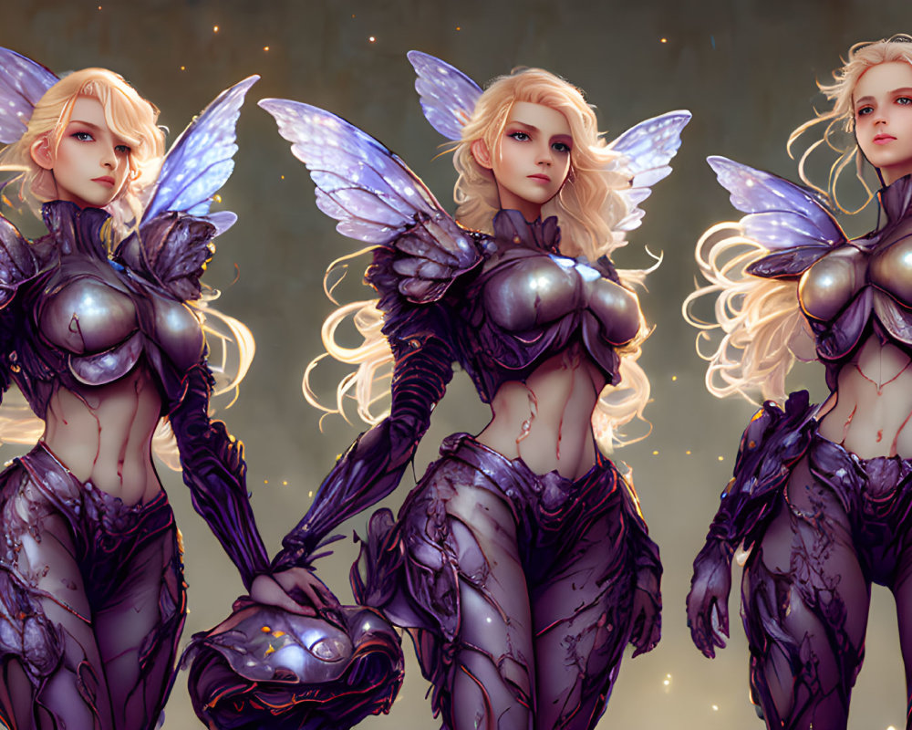 Fantasy female warriors in metallic armor with iridescent wings on ethereal backdrop