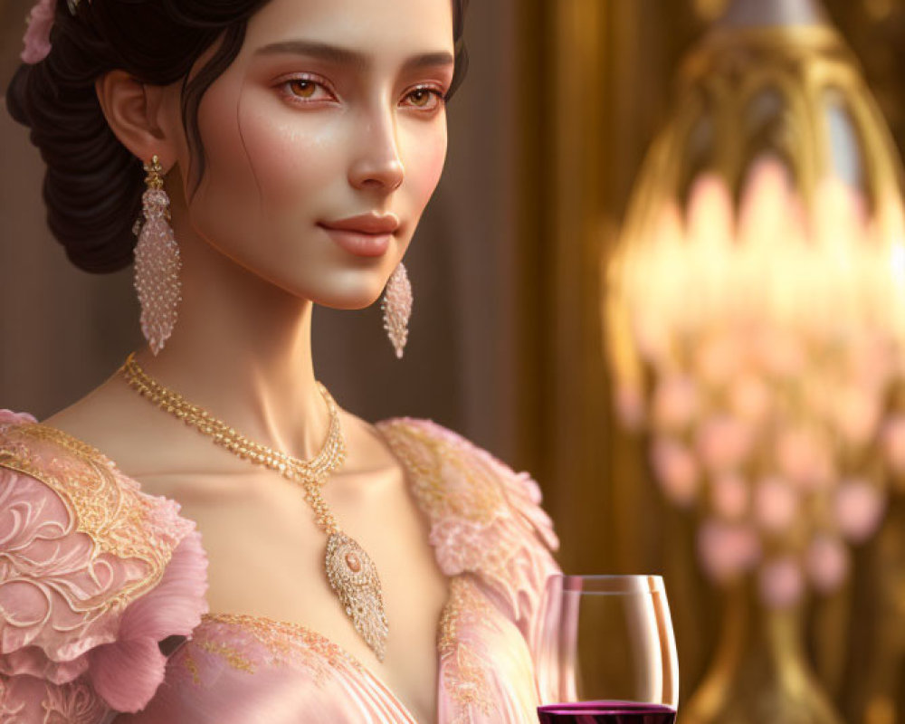 Sophisticated woman in pink dress with floral accessories, holding wine glass in opulent setting.