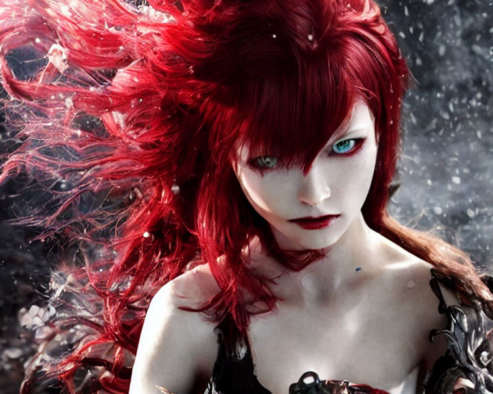 Character with Red Hair and Green Eyes in Dark Armor on Snowy Background