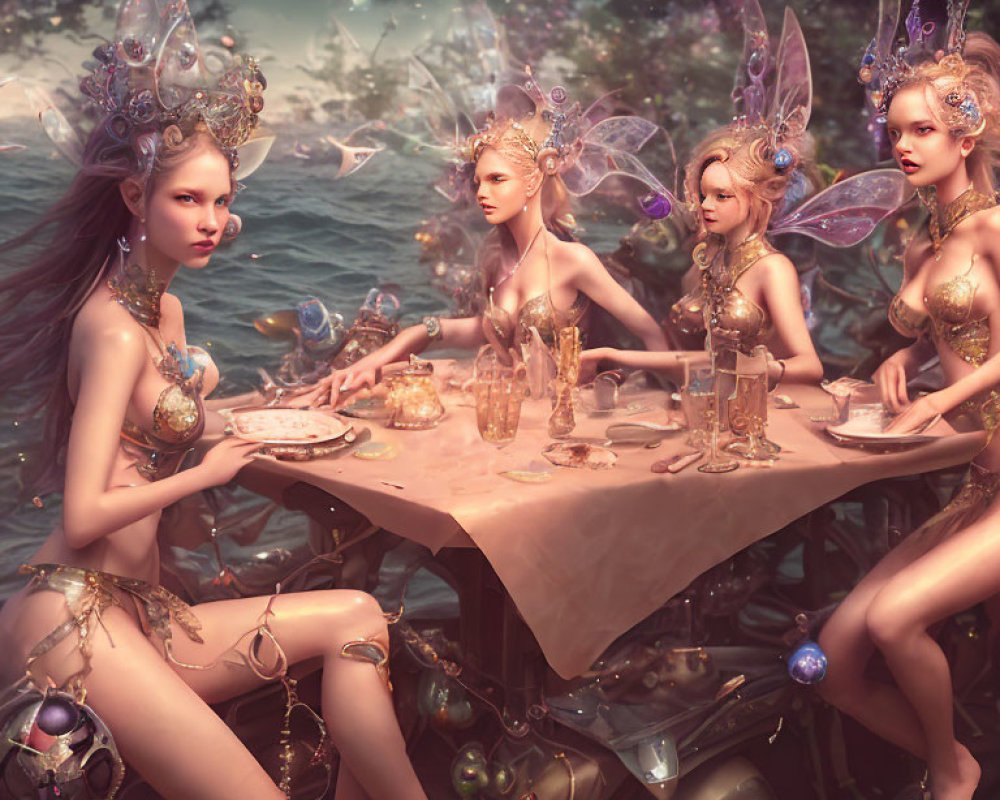 Four fantasy fairies with ornate wings and attire dining in misty landscape