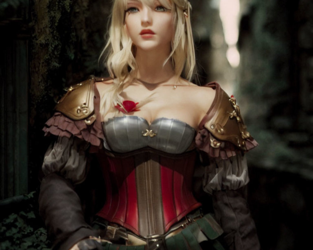 Blonde Female Character in Fantasy Armor Corset on Mossy Background