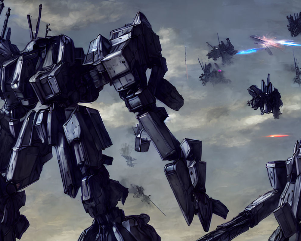 Aerial battle of gigantic robots in stormy sky