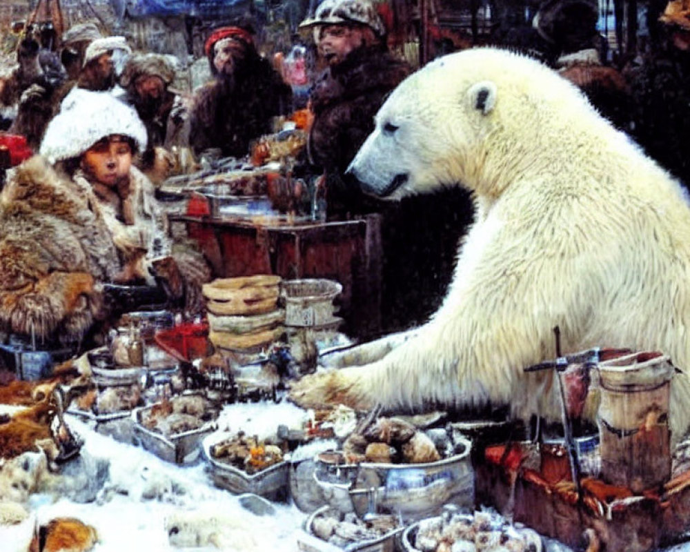 Polar bear in bustling marketplace with vendors and visitors