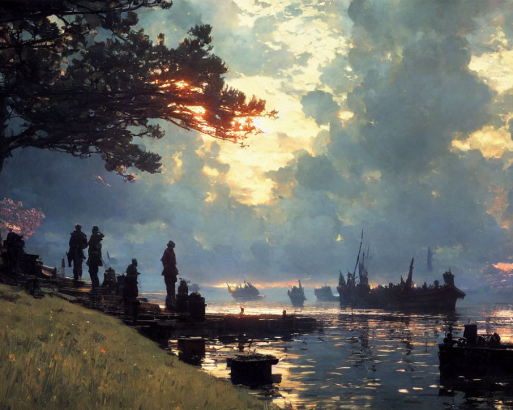 People on dock at sunset with silhouetted ships and dramatic sky
