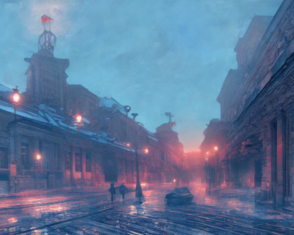 Neo-classical train station scene at dusk with misty atmosphere and silhouetted figures