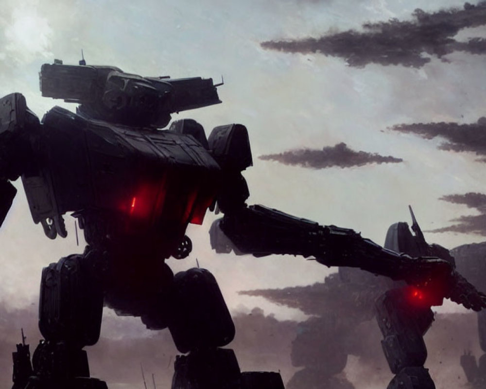 Colossal robots with glowing red eyes in a dystopian setting