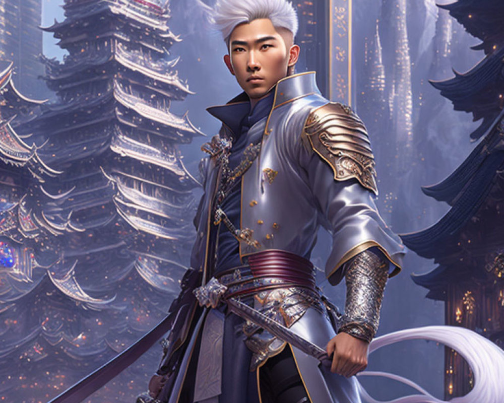 Fantasy warrior with white hair in ornate armor and cityscape.