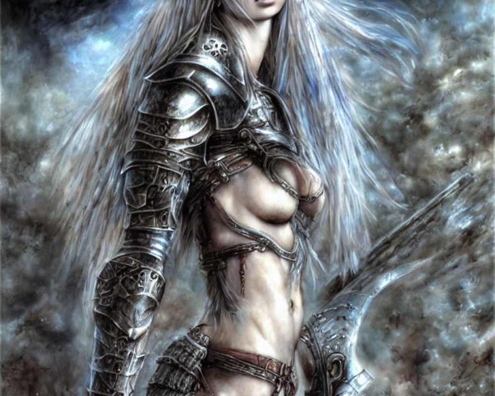 Silver-armored female warrior with long pale hair in mystical setting