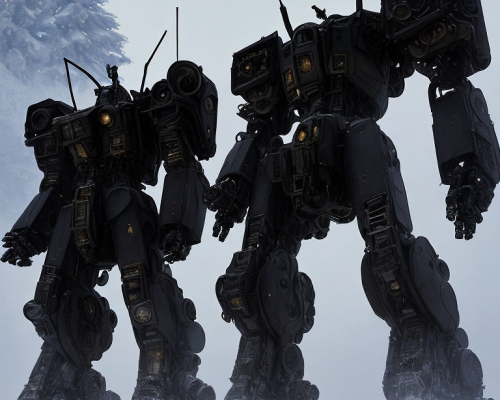Two armored bipedal robots in snowy landscape with pine trees