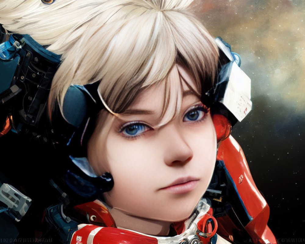 Digital artwork of young individual in futuristic helmet with red and white armor, against starry space.