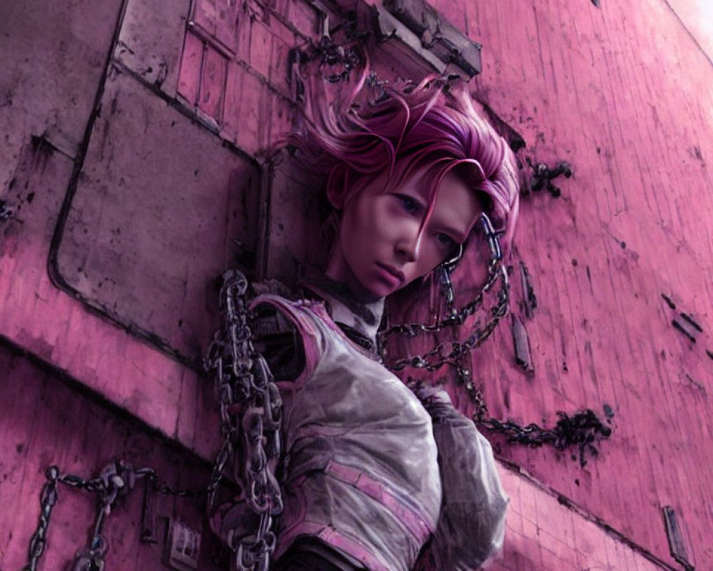 Pink-haired female character in dystopian setting, chained against magenta wall