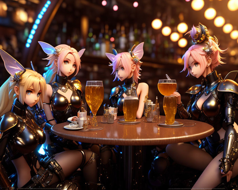Futuristic armor-clad female anime characters at a bar
