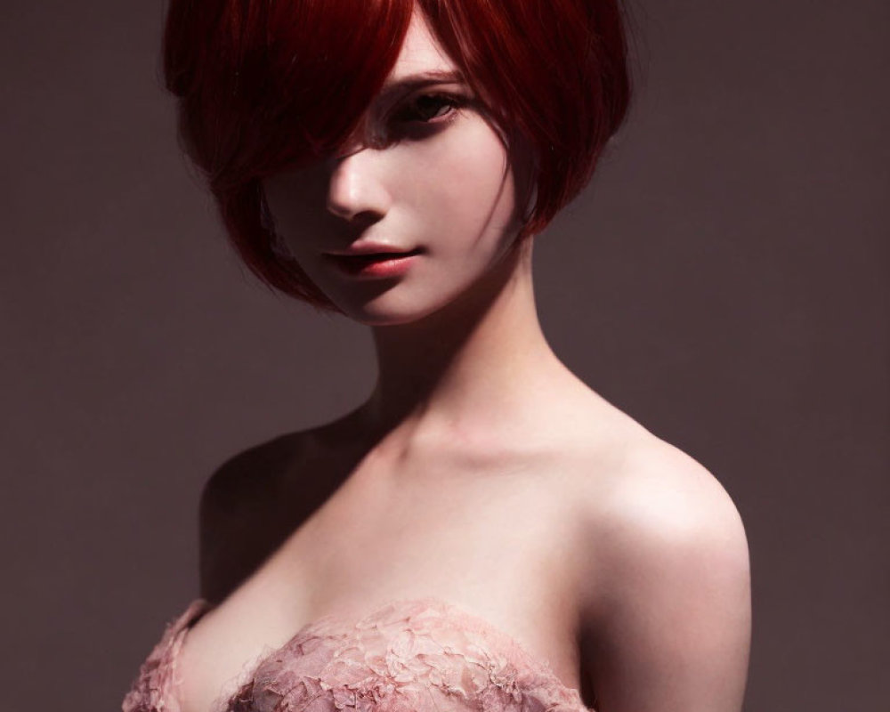 Red-Haired Person in Lace Garment with Intense Gaze