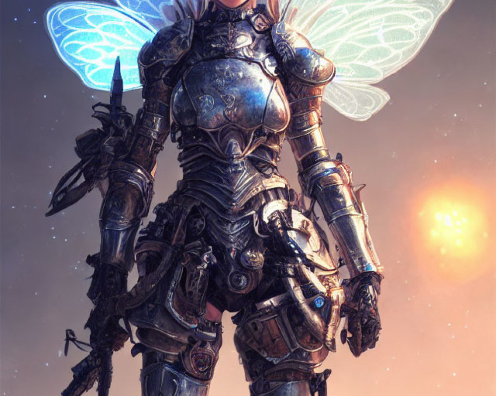 Mechanical armor and luminous wings fantasy character against starry sky with glowing orb