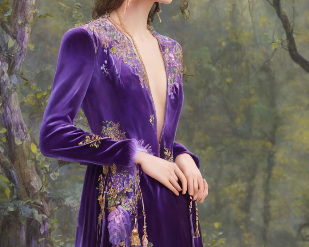 Woman in Purple Gown Contemplating in Enchanted Forest