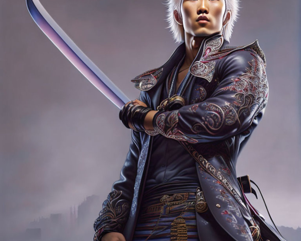Fantasy warrior with white hair and curved sword in ornate armor.