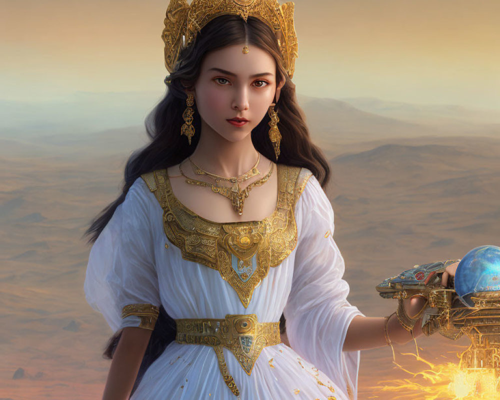 Digital artwork of regal woman with golden crown and jewelry, holding mystical orb with lightning in desert backdrop