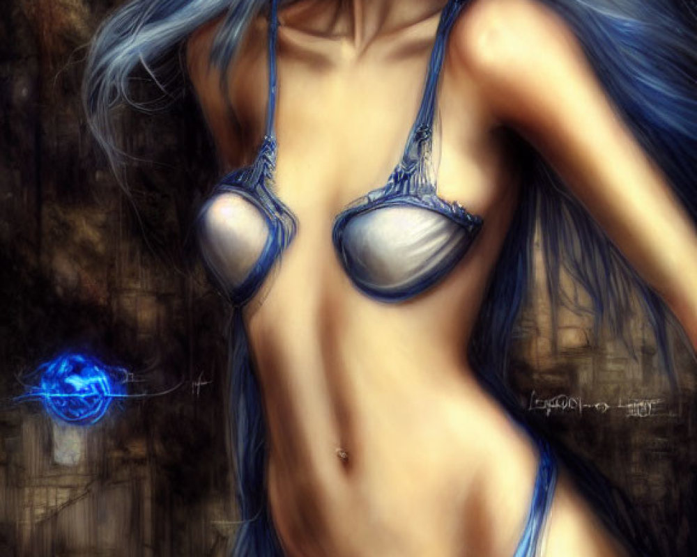 Fantasy-themed digital artwork: Female figure with long blue hair and glowing orbs