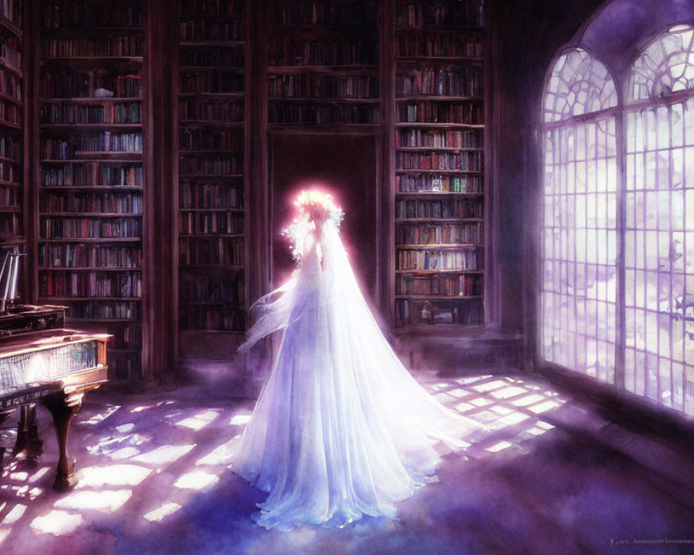 Ghostly figure in bridal gown in library with sunlight and grand piano.