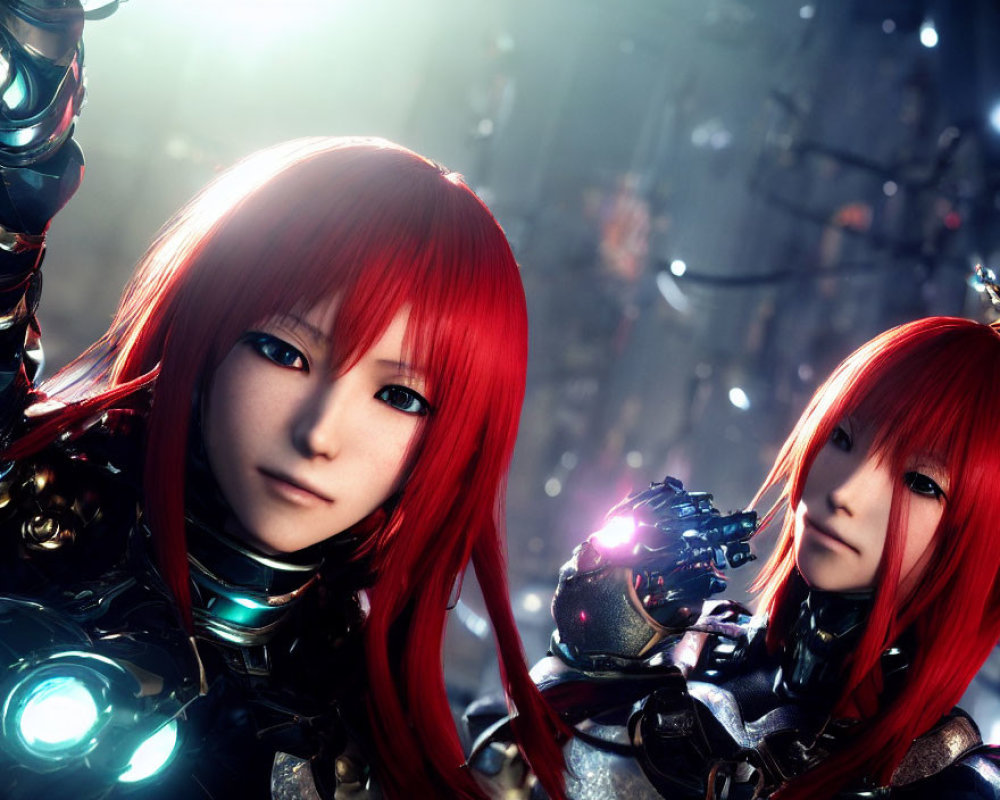 Red-haired characters in futuristic armor with glowing orb in dim industrial setting
