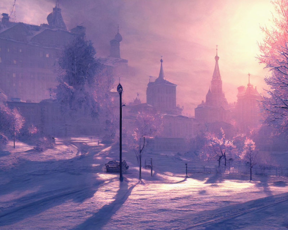 City Winter Scene: Purple Dusk, Snow-Covered Streets & Historical Buildings