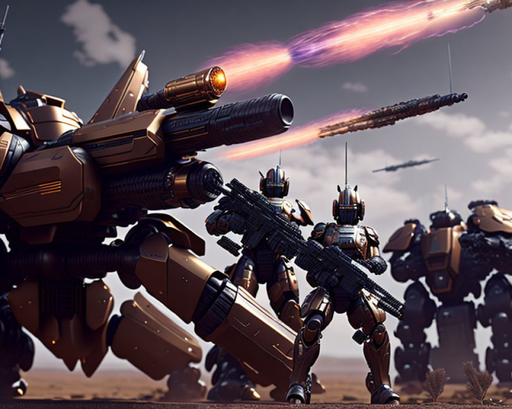 Futuristic robots with heavy weaponry in desert battlefield at dusk