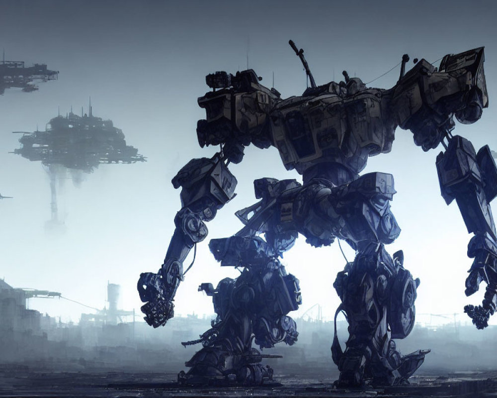 Detailed heavy-armored mech in foggy dystopian cityscape