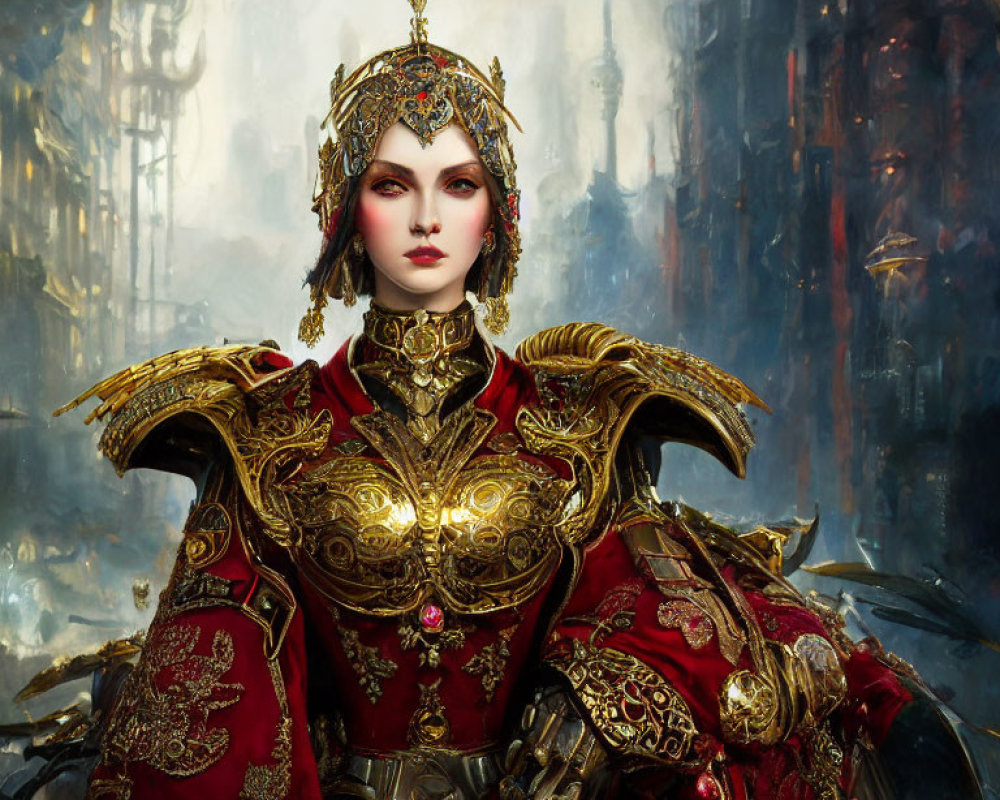 Regal woman in golden armor with crown on dark fantasy cityscape.