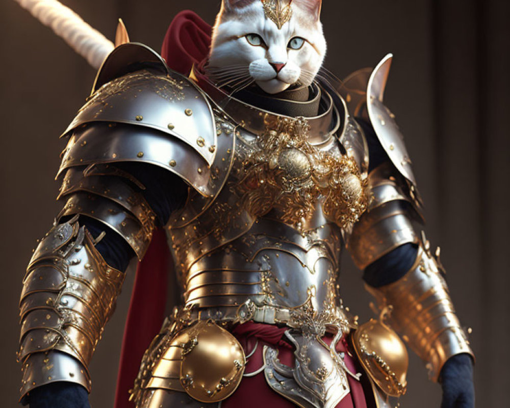 Cat in stern expression wearing medieval knight armor and red cape.