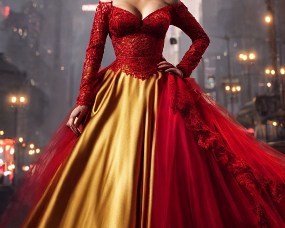 Woman in red and gold gown with lace sleeves against urban twilight backdrop
