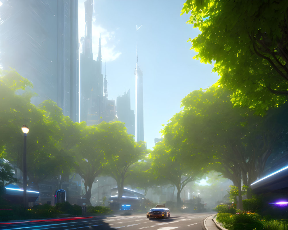 City street with futuristic skyscrapers and flying vehicle under tree canopy