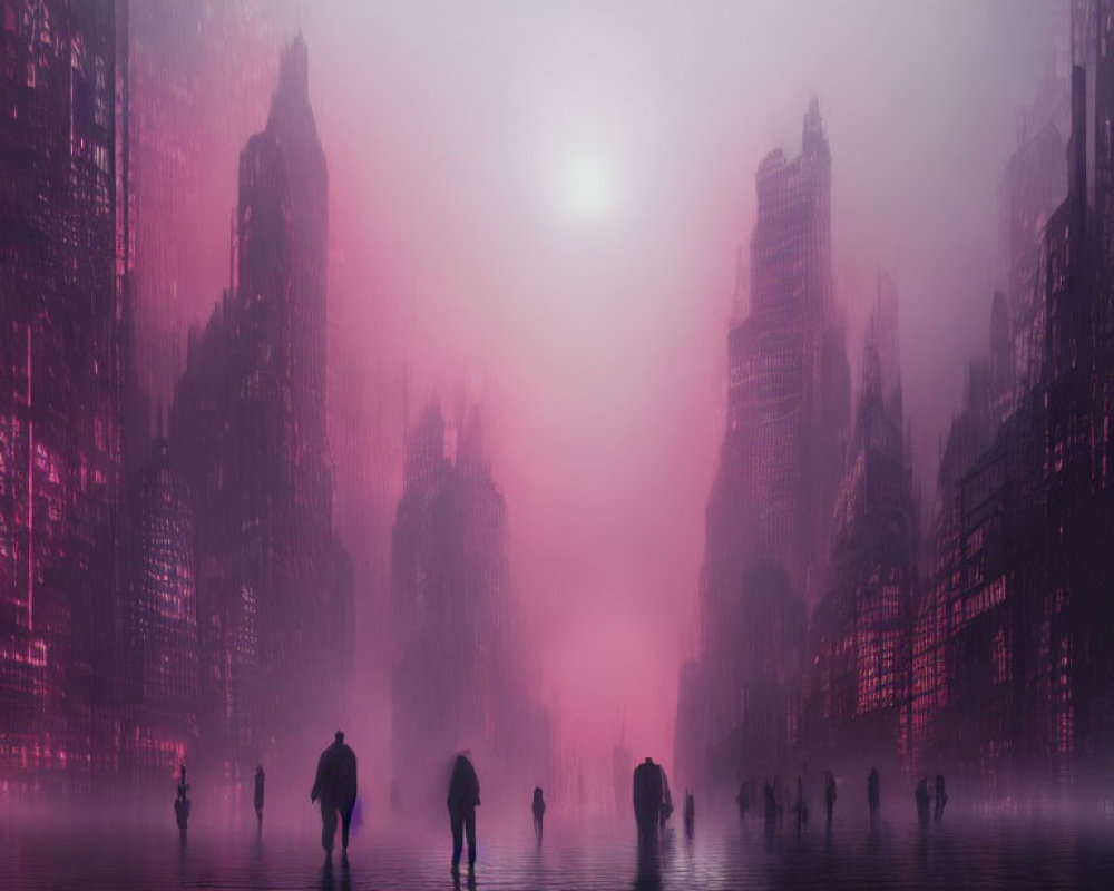 Misty cityscape at dusk with silhouetted figures and glowing sunlit haze
