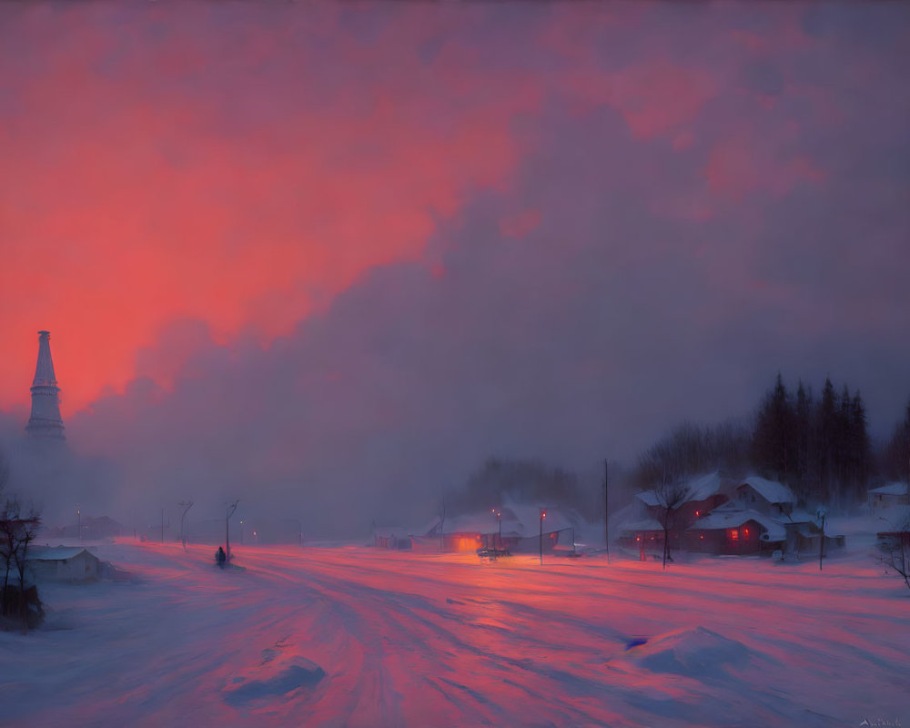 Snowy village twilight scene with pink and orange sky, lit streetlamp, rising smoke, and mist