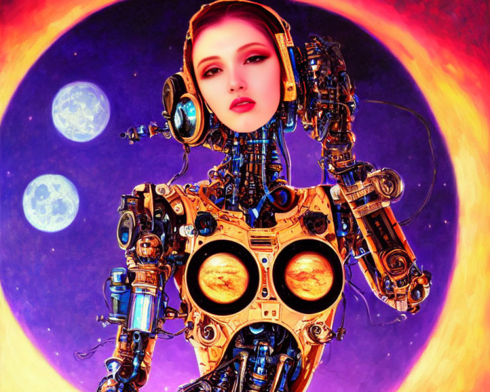 Futuristic robot with human-like face in cosmic setting