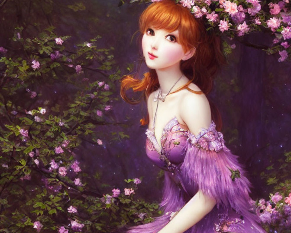 Woman with Red Hair in Purple Gown Surrounded by Moonlit Nature