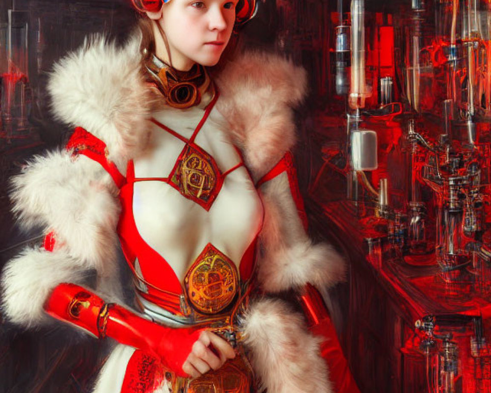Futuristic white and red costume with fur details and high-tech earpieces against complex red tubing background