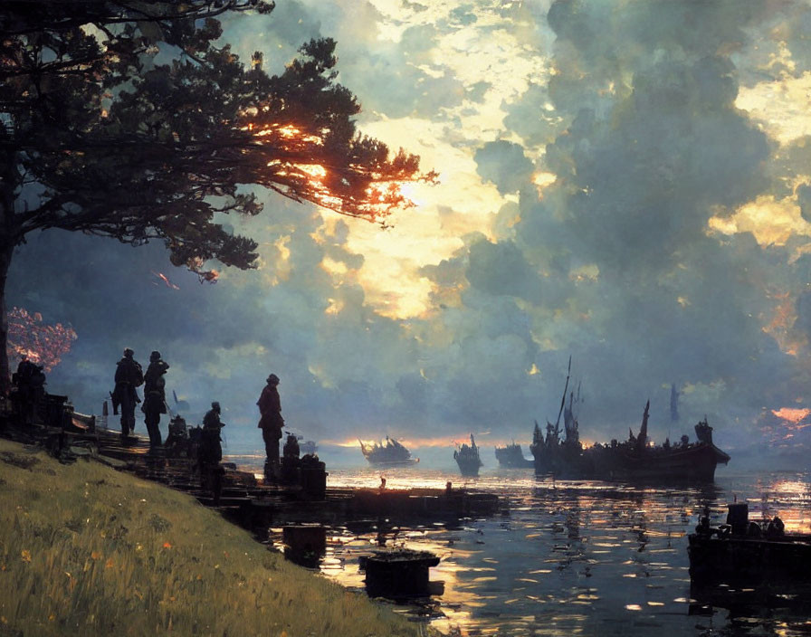 People on dock at sunset with silhouetted ships and dramatic sky