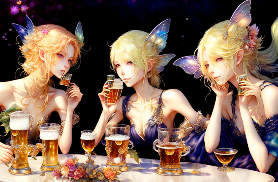Anime-style fairy characters with pointed ears and translucent wings in a magical, flower-filled scene.