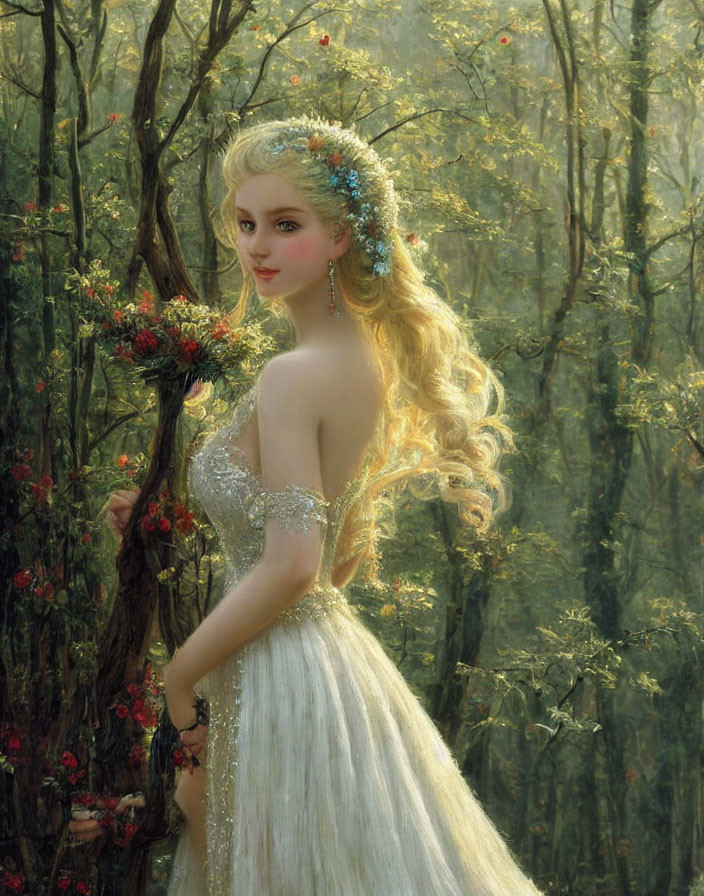 Woman in elegant gown with flowers in hair in sunlit forest.
