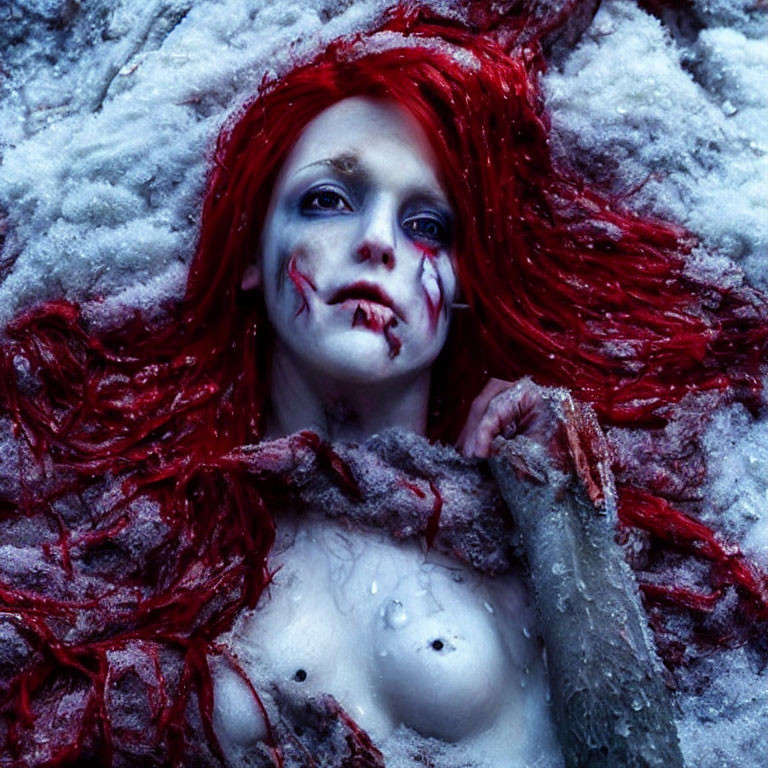 Striking Red-Haired Woman in Snow with Dramatic Makeup