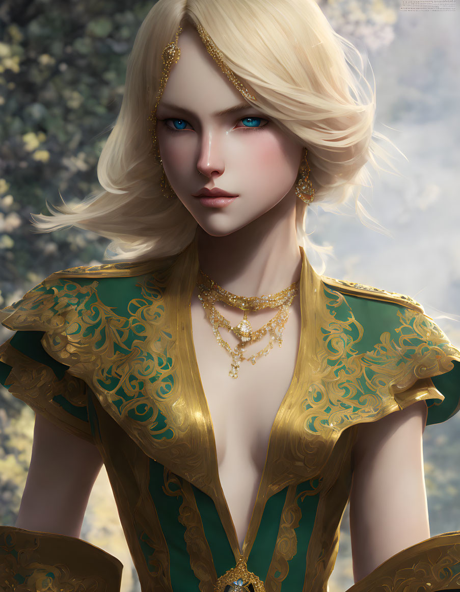 Illustrated woman with blue eyes, blonde hair, and ornate green attire and gold jewelry