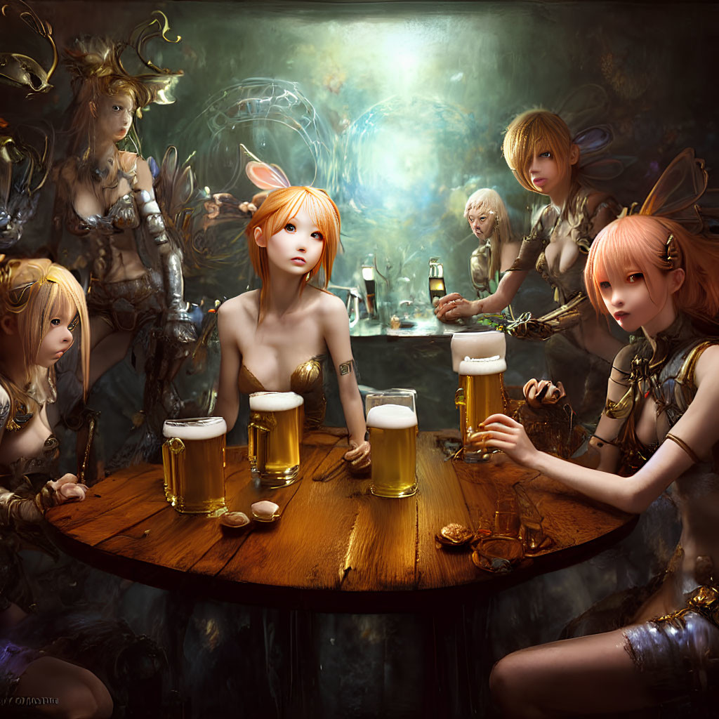 Fantastical animal characters drinking beer in magical tavern