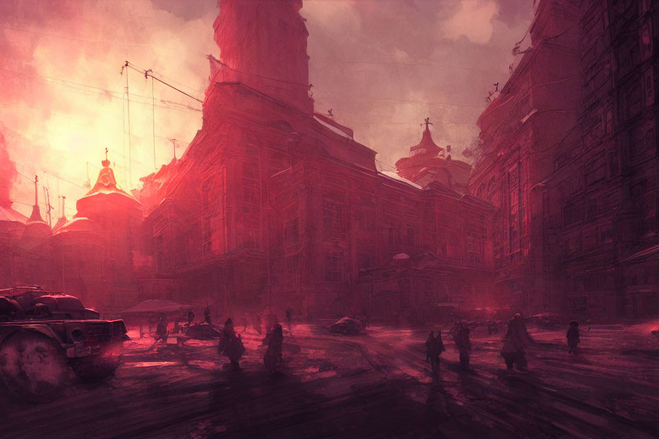 Dystopian cityscape with red haze, silhouetted figures, derelict vehicles,