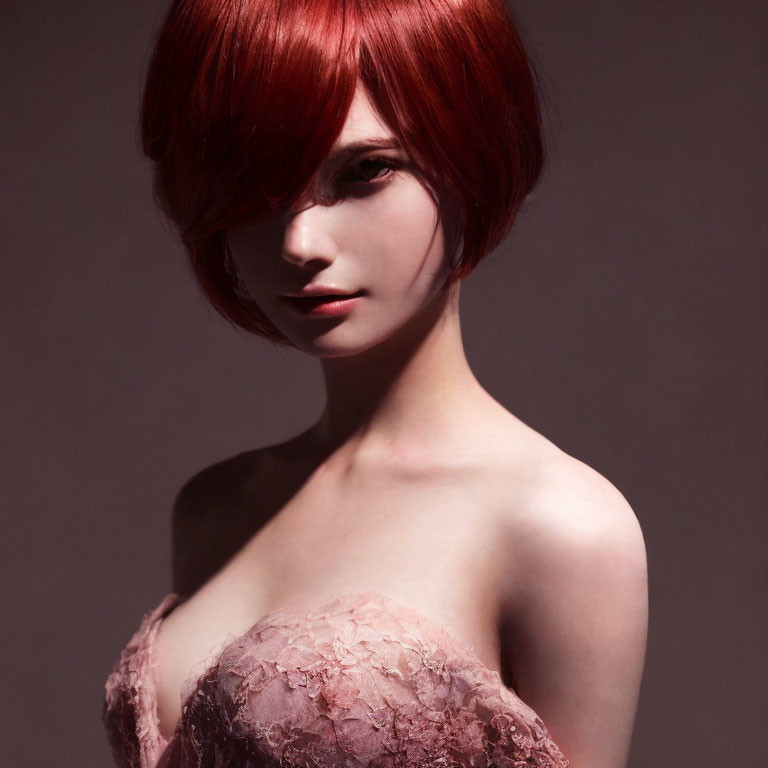 Red-Haired Person in Lace Garment with Intense Gaze