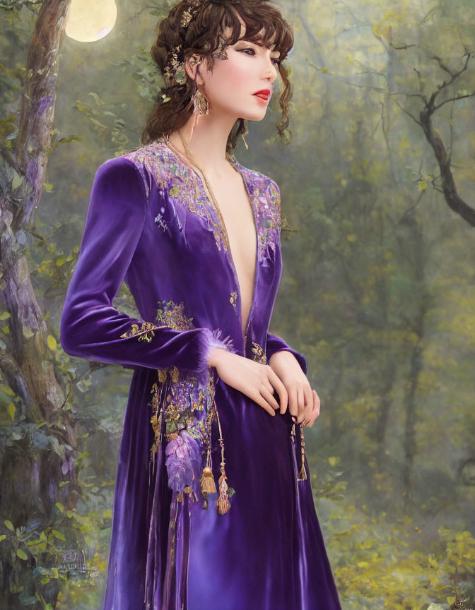 Woman in Purple Gown Contemplating in Enchanted Forest