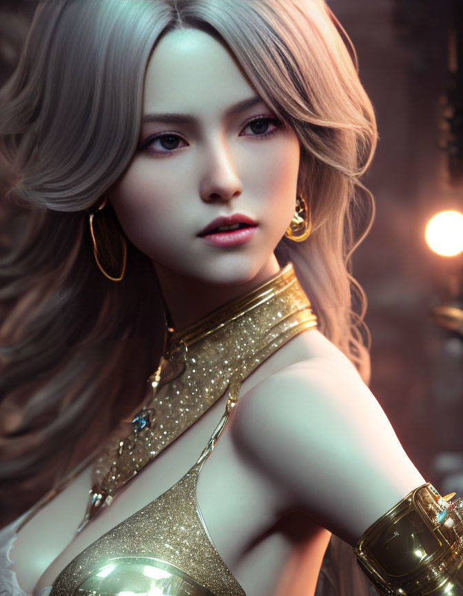 Blonde woman portrait with gold accessories and shimmering attire