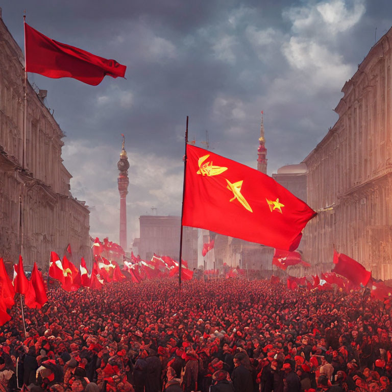 Soviet-themed red flag parade in historic cityscape