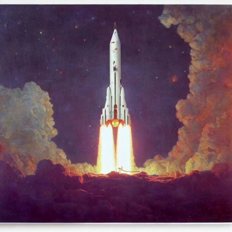 Space Shuttle Launch Painting with Fiery Plumes & Illuminated Clouds